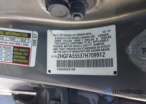 2007 Honda Civic Si from USA, damaged, VIN 2HGFA55537H709912